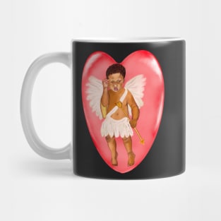 The Best Valentine’s Day Gift ideas 2022, Confused Cupid in a Redbubble .... baby angel holding an arrow - In a contemplative pose with curly Afro Hair and gold arrow Mug